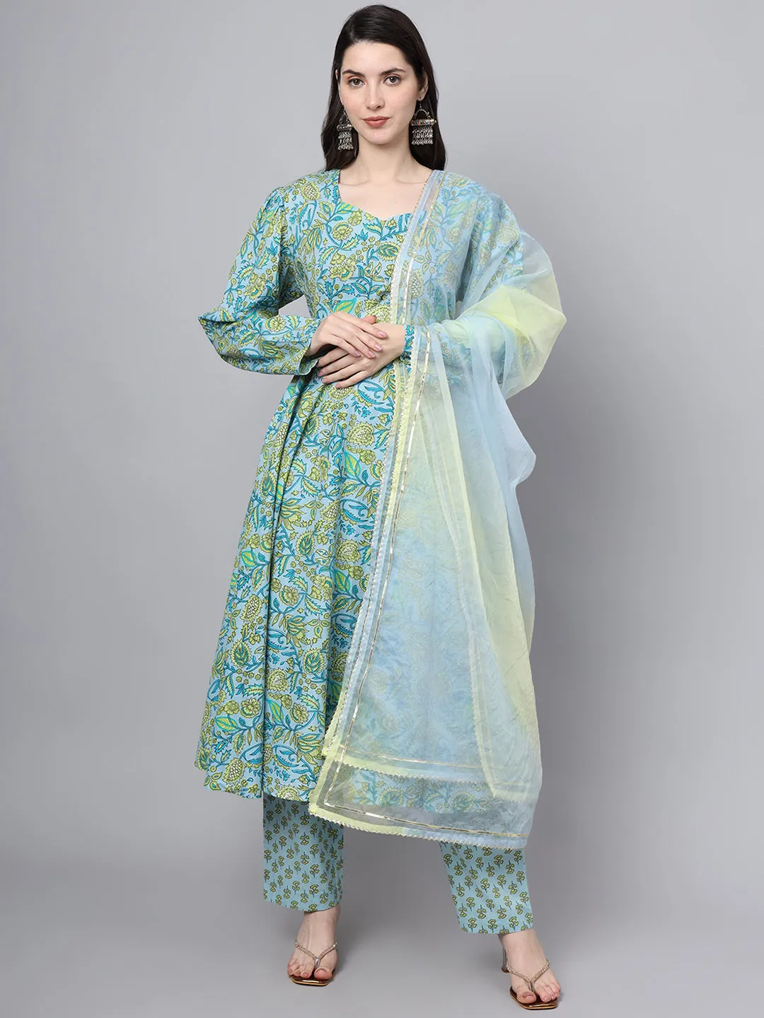 Floral Printed Sky Blue Cotton Anarkali Kurta Pant Dupatta Set