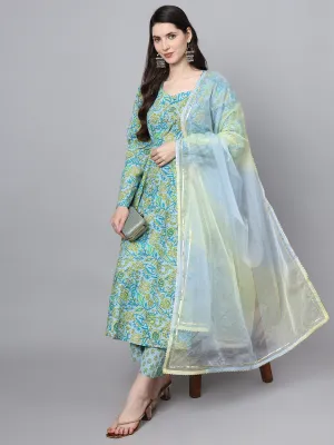 Floral Printed Sky Blue Cotton Anarkali Kurta Pant Dupatta Set