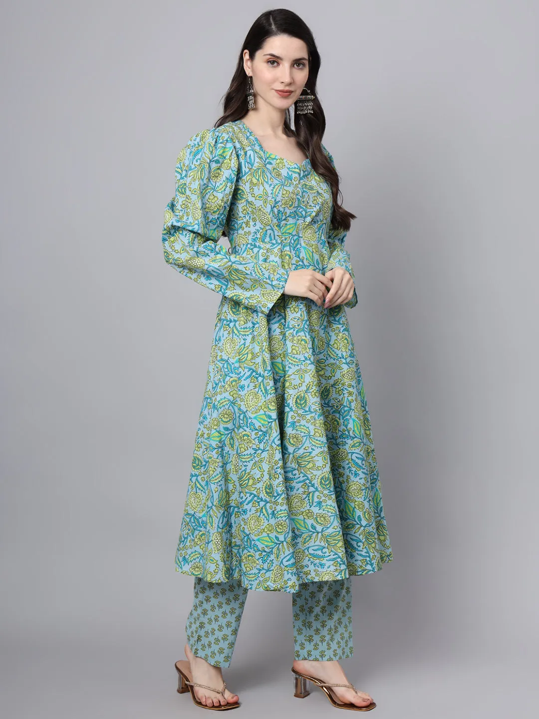 Floral Printed Sky Blue Cotton Anarkali Kurta Pant Dupatta Set