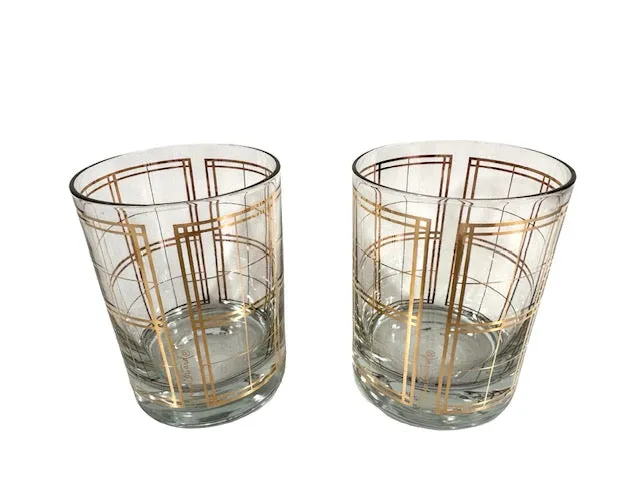 Georges Briard Signed Mid-Century Golden Squares Double Old Fashion Glasses (Set of 2)