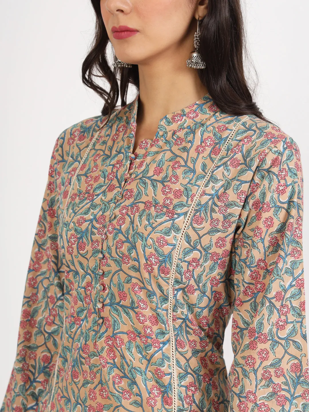 Jashvi Beige Floral Printed Cotton Co-ord Set