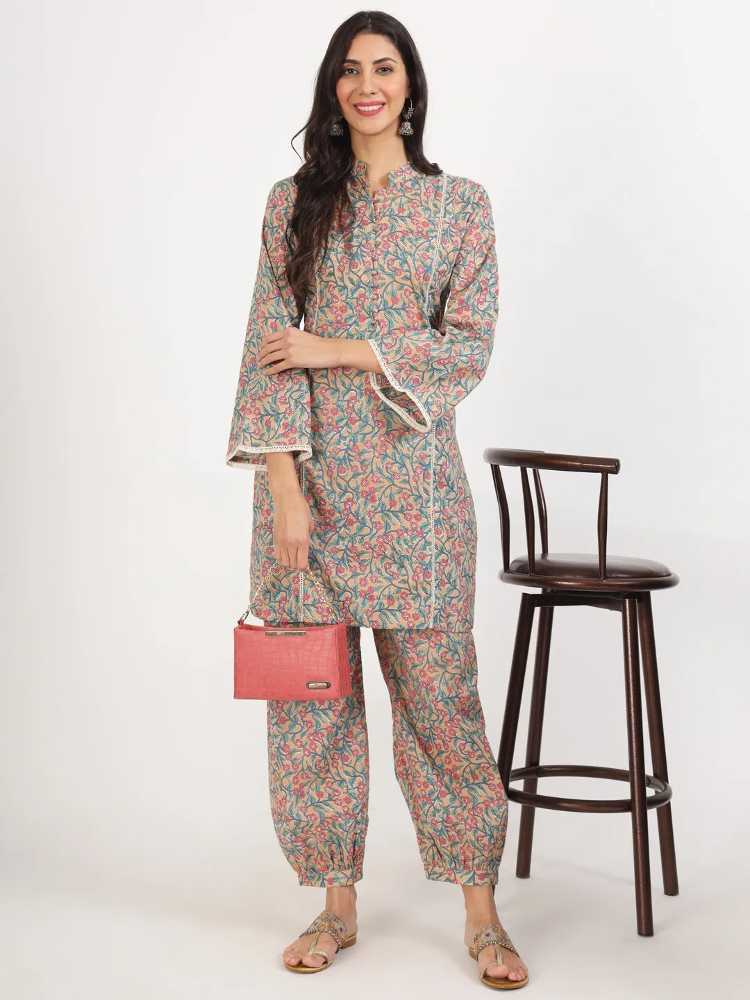 Jashvi Beige Floral Printed Cotton Co-ord Set