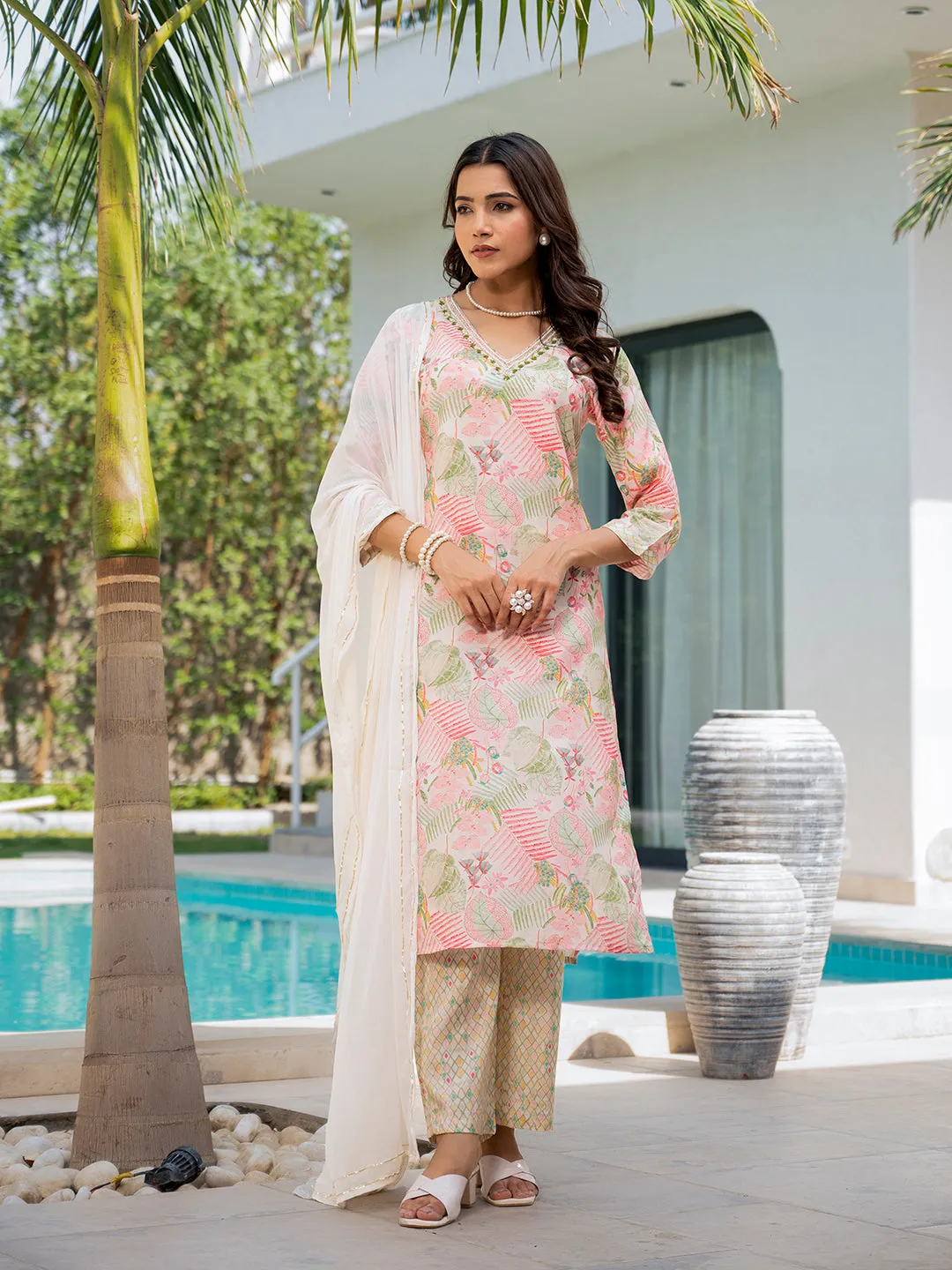 Jashvi Cream Embroidered & Floral Print Muslin Kurta Set