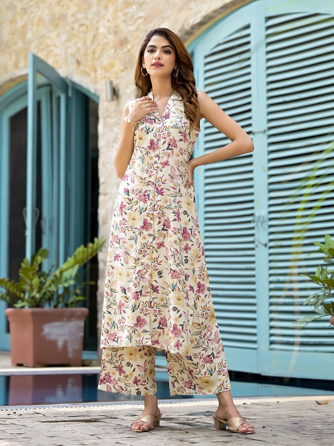 Jashvi Cream Floral Printed  A-Line Rayon Kurta Set