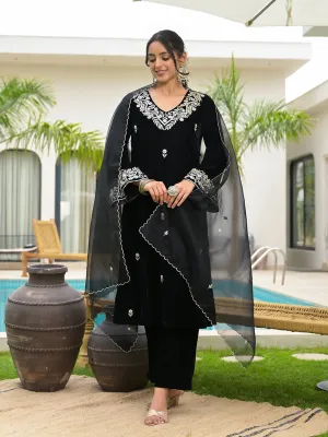 Jashvi Embroidered Black Velvet Kurta Pant Dupatta Set for Women