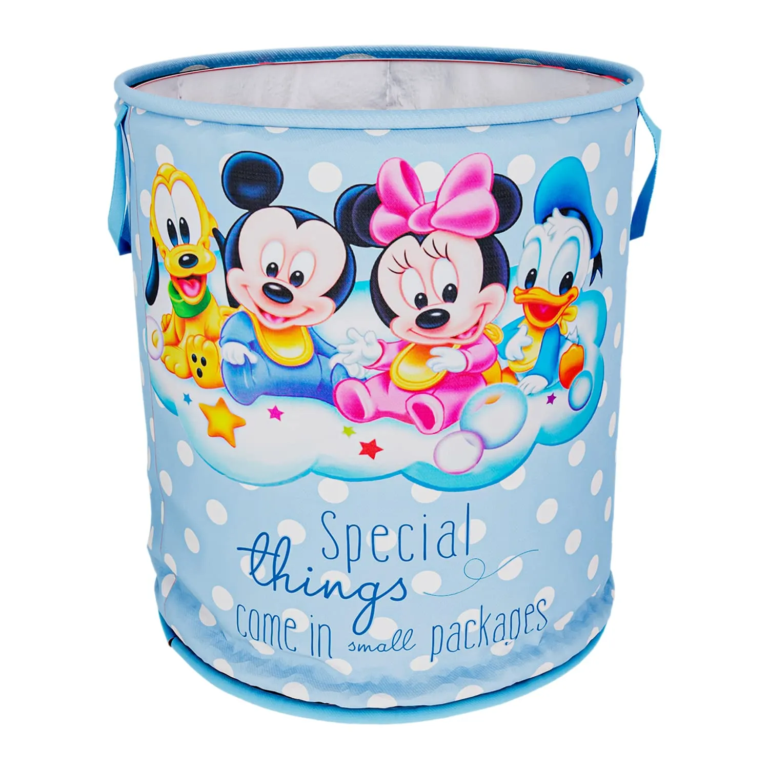 Kuber Industries Disney Mickey & Team Print Round Laundry Basket|Polyester Clothes Hamper|Waterproof & Foldable Round Laundry Bag with Handle,45 Ltr.(Sky Blue)