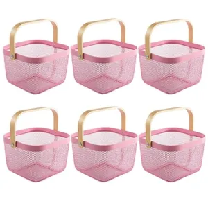 Kuber Industries Metal Wire Basket With Handle|Storage Basket Fot Fruits, Books|Mesh Open Storage Bin|Storage Organizer|Pack Of 6|Pink