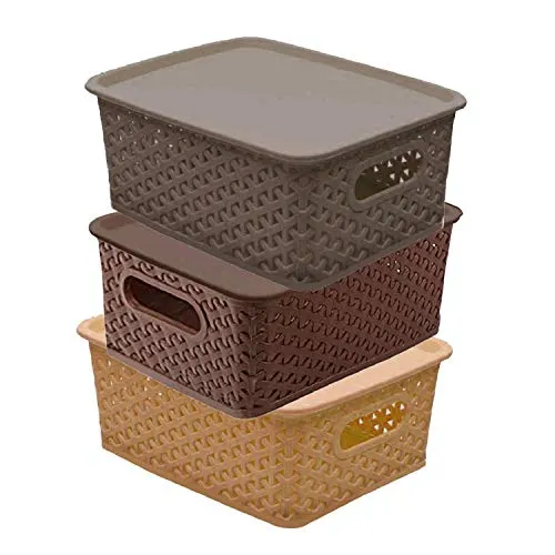 Kuber Industries Multipurpose Solitaire Storage Basket with Lid|Strong Plastic Material & Side Grip|Size Medium 30 x 24 x 12, Pack of 3 (Multi)-CTLTC10891