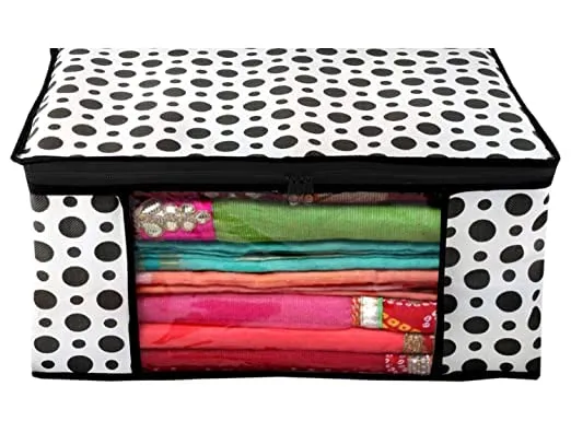 Kuber Industries Non-Woven Foldable Saree Covers With Zip|Polka Dots Wardrobe Organizer For Clothes|Transparent Window Keep 8 To 10 Saree|Suitable For Lehenga, Suit, Dress|Pack Of 6 (Black & White)