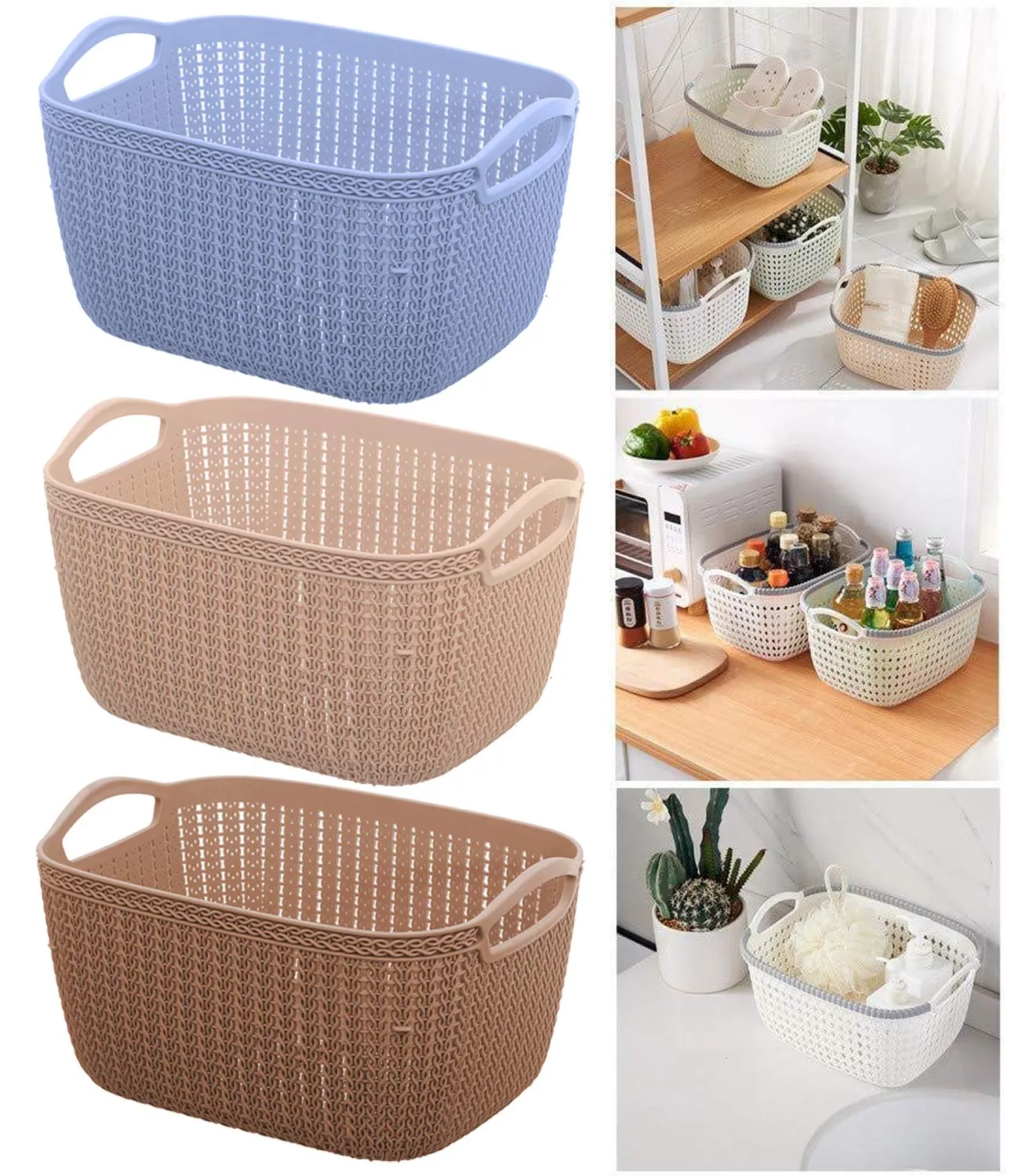 Kuber Industries Plastic Multipurpose Large Size Flexible Storage Baskets/Fruit Vegetable Bathroom Stationary Home Basket with Handles (Cream) -CTKTC42899