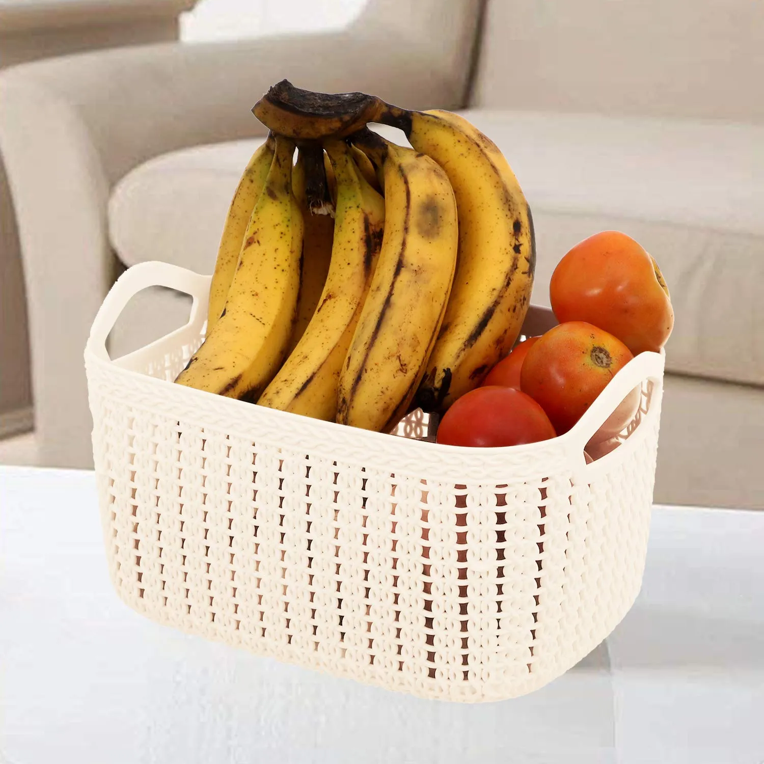 Kuber Industries Plastic Multipurpose Large Size Flexible Storage Baskets/Fruit Vegetable Bathroom Stationary Home Basket with Handles (Cream) -CTKTC42899