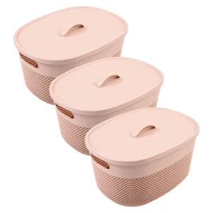 Kuber Industries Unbreakable Medium Multipurpose Storage Baskets with lid|Design-Netted|Material-Plastic|Shape-Oval|Color-Beige|Pack of 3