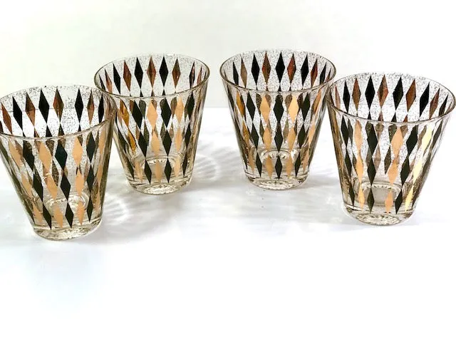 Mid-Century Gold and Black Harlequin Double Old Fashion Glasses (Set of 4)