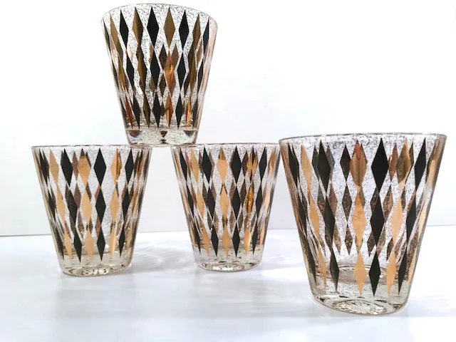 Mid-Century Gold and Black Harlequin Double Old Fashion Glasses (Set of 4)