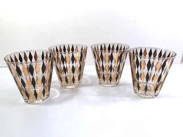 Mid-Century Gold and Black Harlequin Double Old Fashion Glasses (Set of 4)