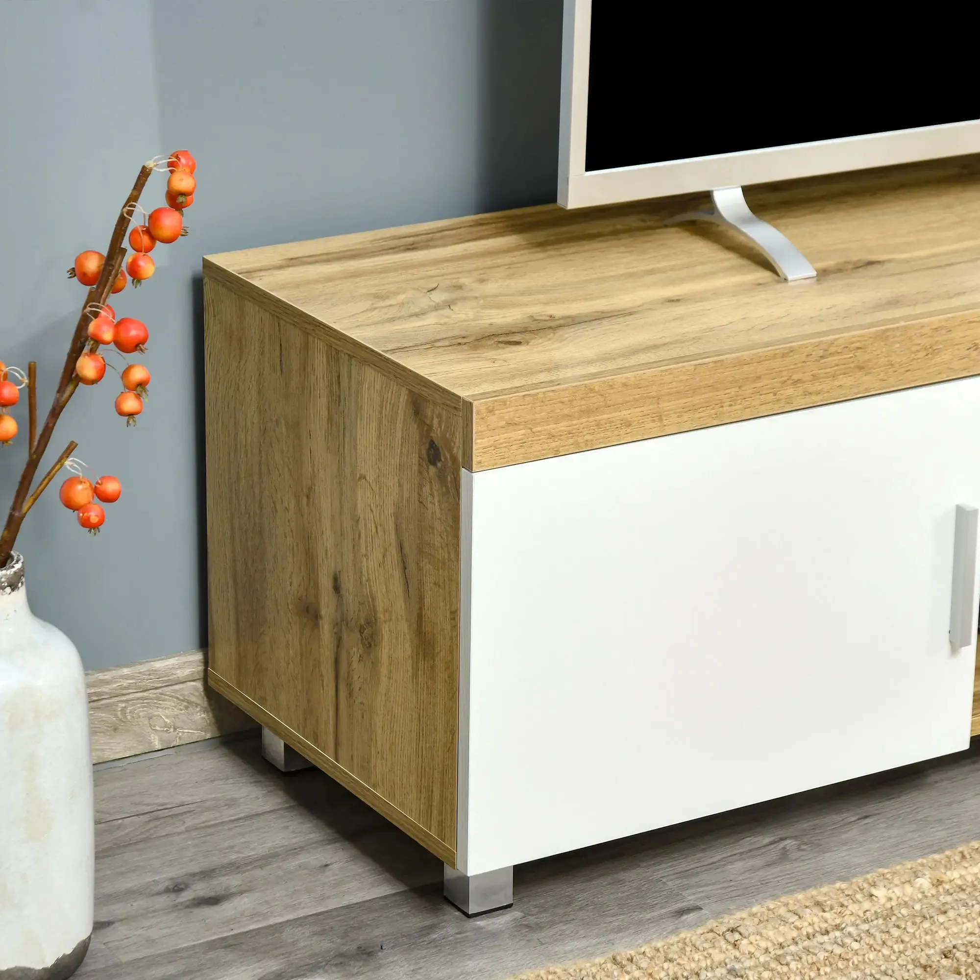 Modern TV Stand For Up To 63" TV With Storage Shelves in Oak and White