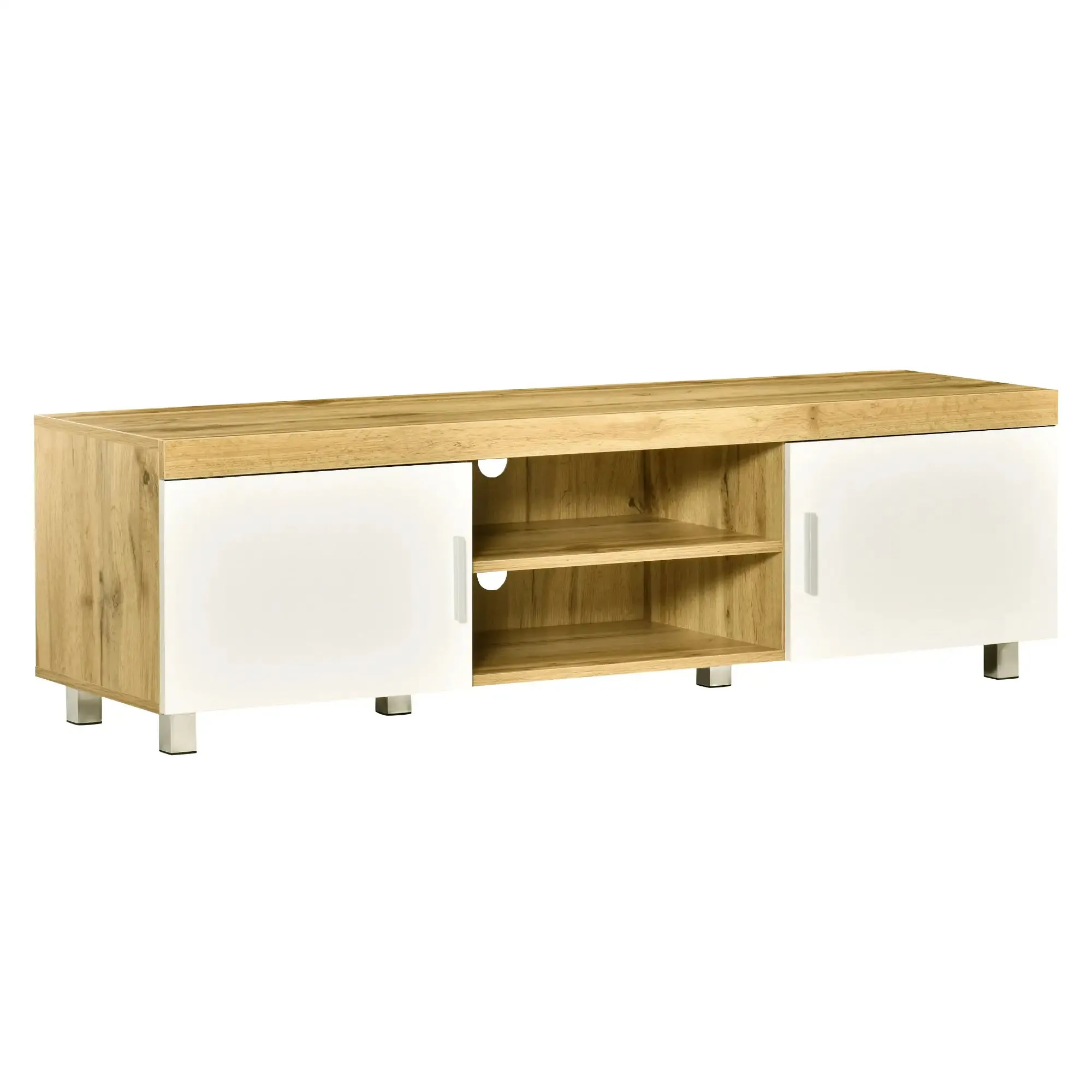 Modern TV Stand For Up To 63" TV With Storage Shelves in Oak and White