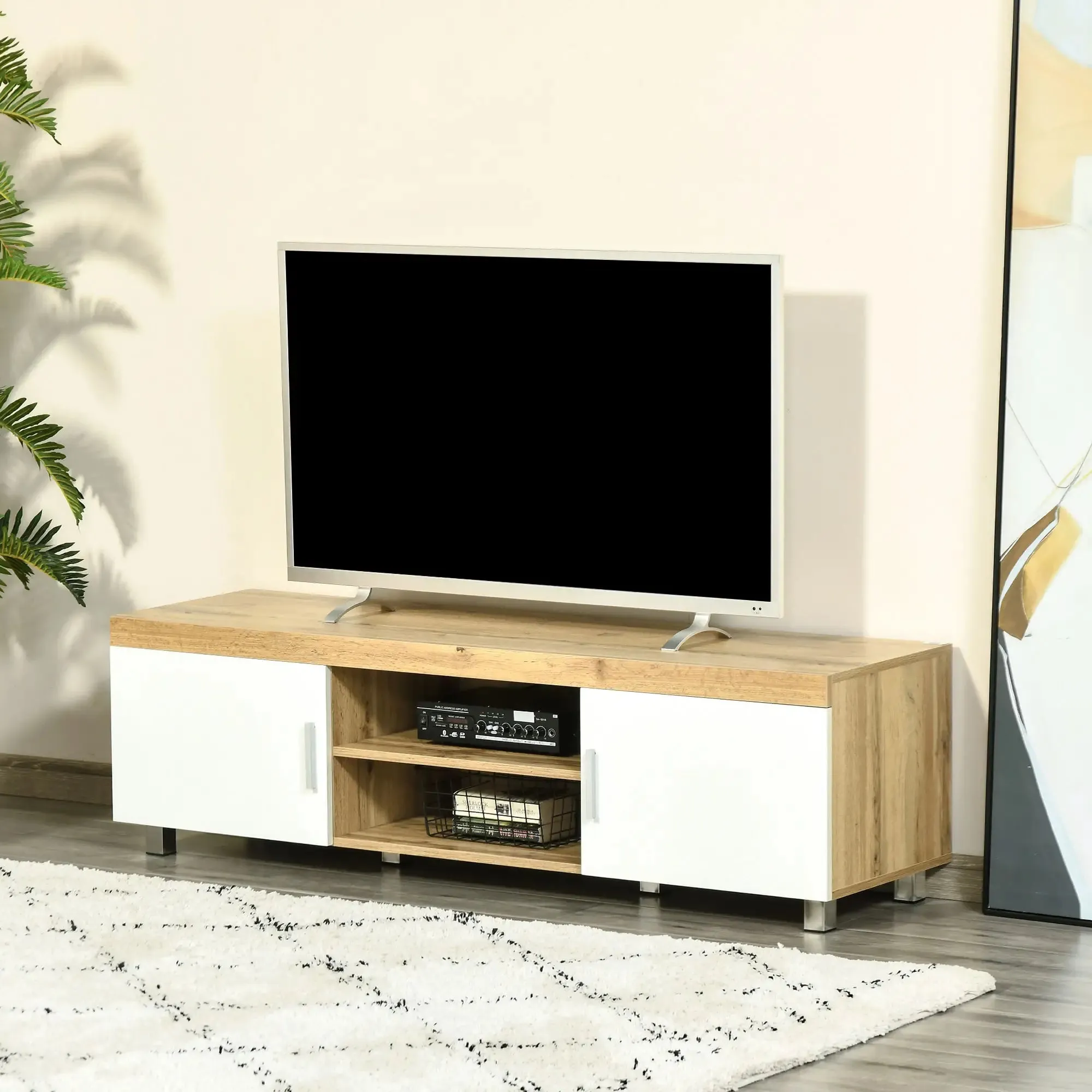 Modern TV Stand For Up To 63" TV With Storage Shelves in Oak and White