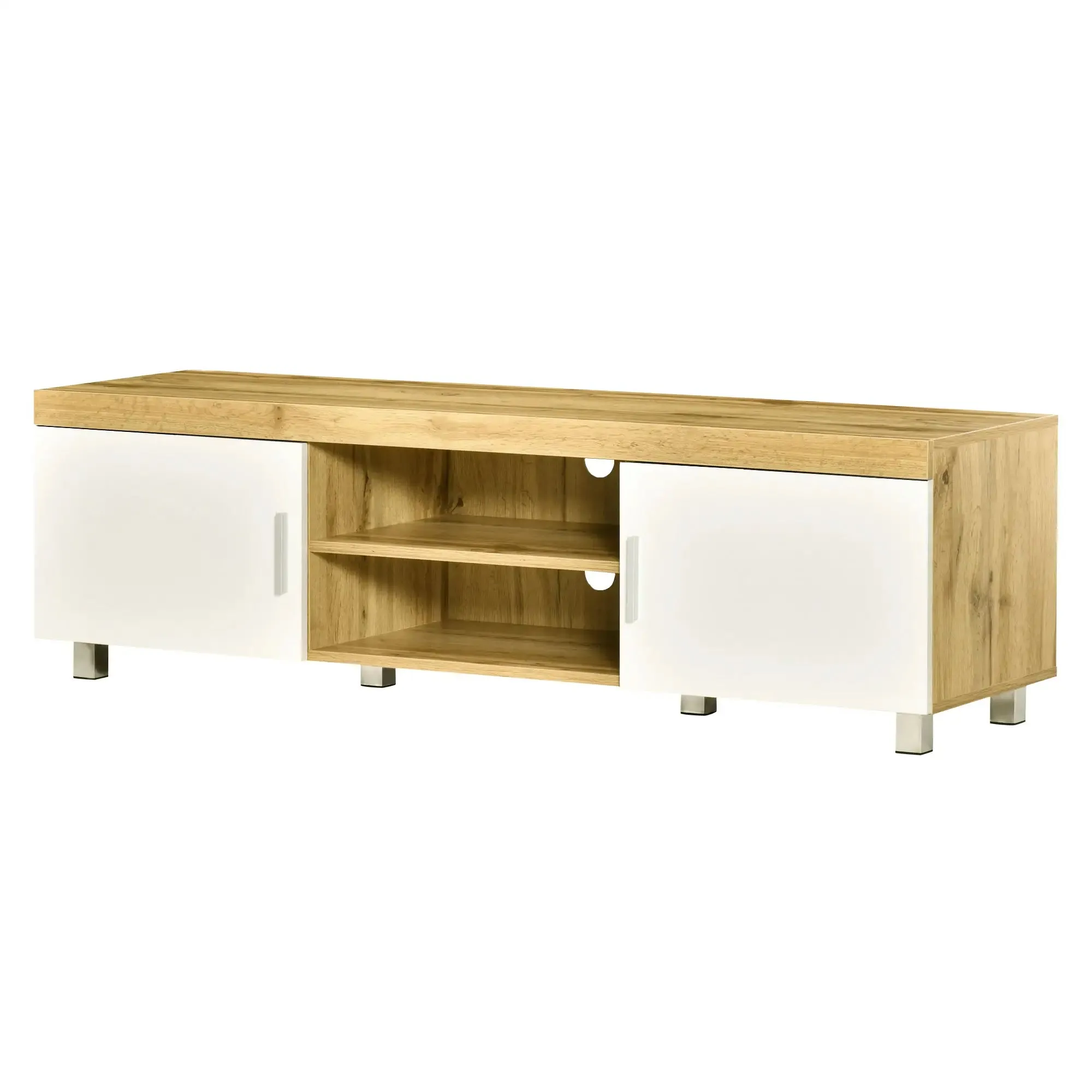 Modern TV Stand For Up To 63" TV With Storage Shelves in Oak and White