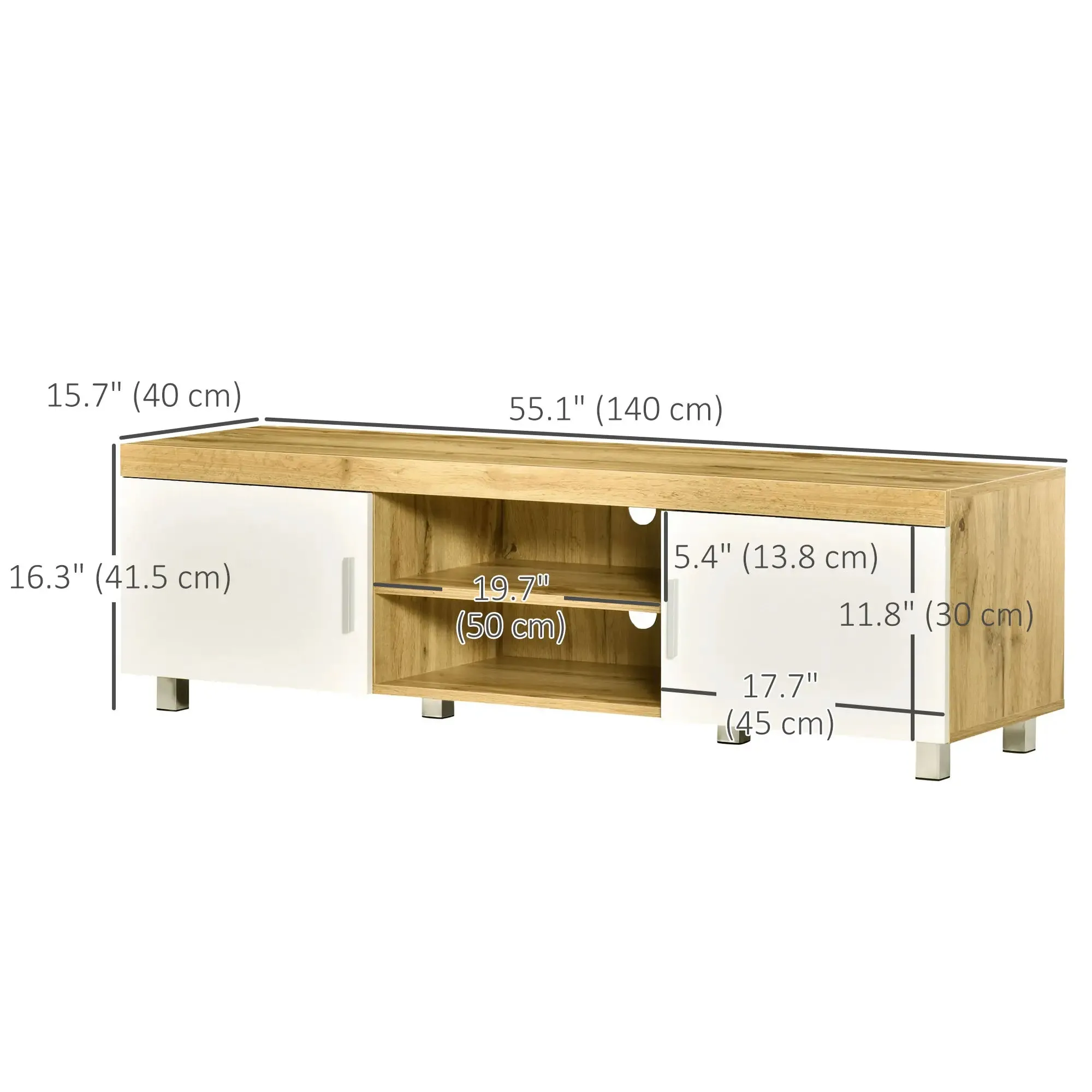 Modern TV Stand For Up To 63" TV With Storage Shelves in Oak and White