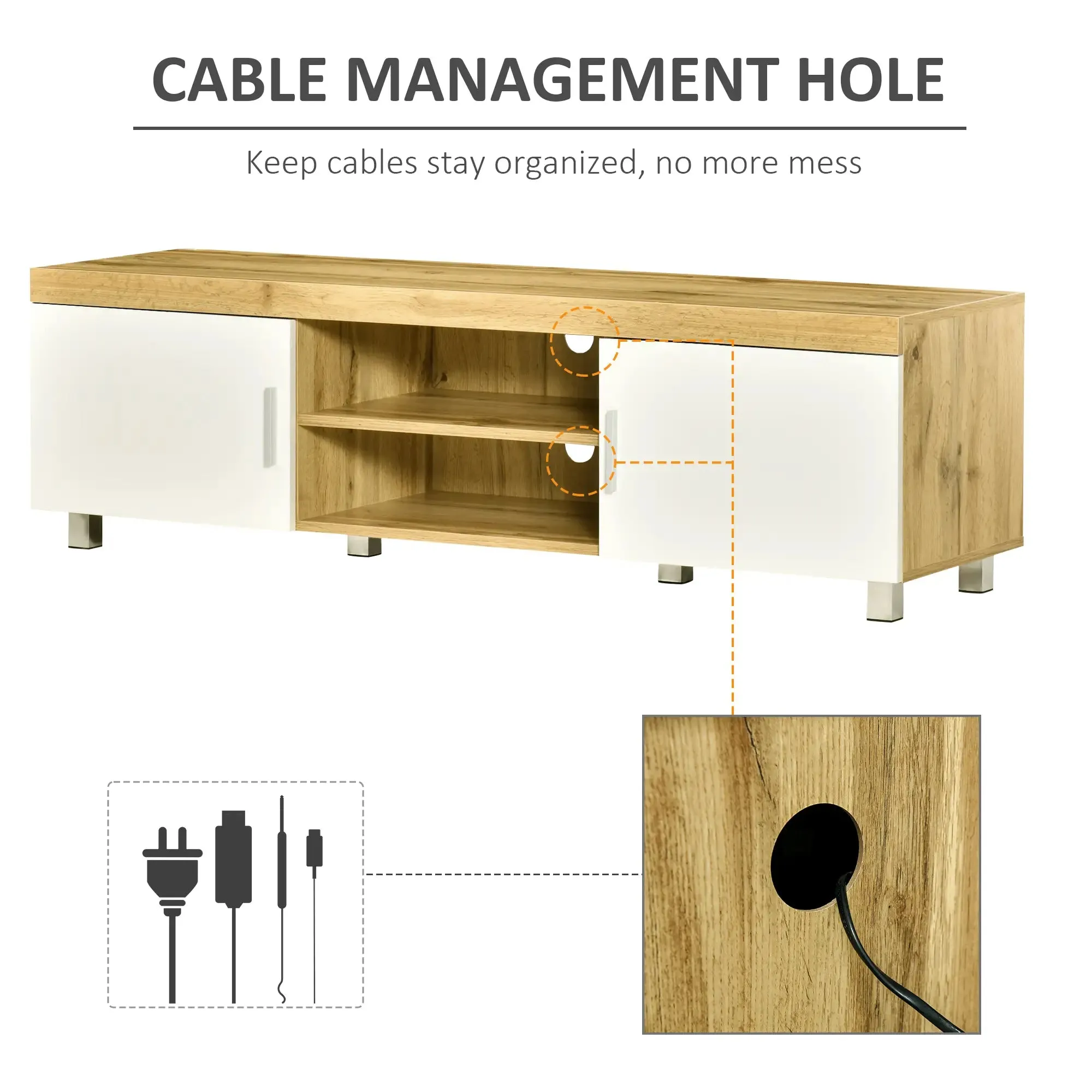 Modern TV Stand For Up To 63" TV With Storage Shelves in Oak and White