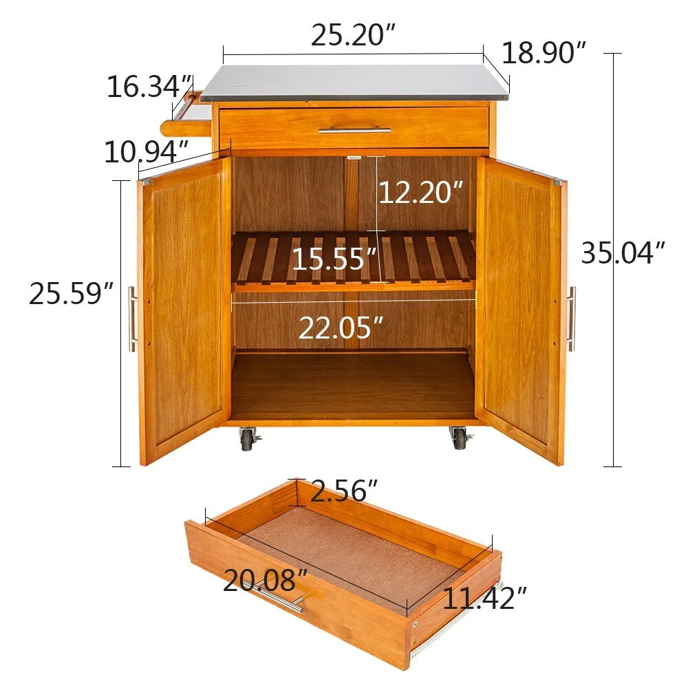 Moveable Kitchen Cart with Stainless Steel Top, 1 Drawer, and 1 Cabinet