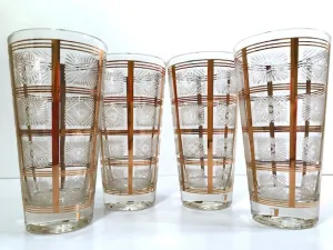 Ned Harris Signed Mid-Century Gold Embossed Highball Glasses (Set of 4)