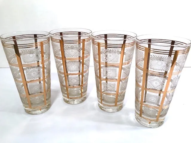 Ned Harris Signed Mid-Century Gold Embossed Highball Glasses (Set of 4)