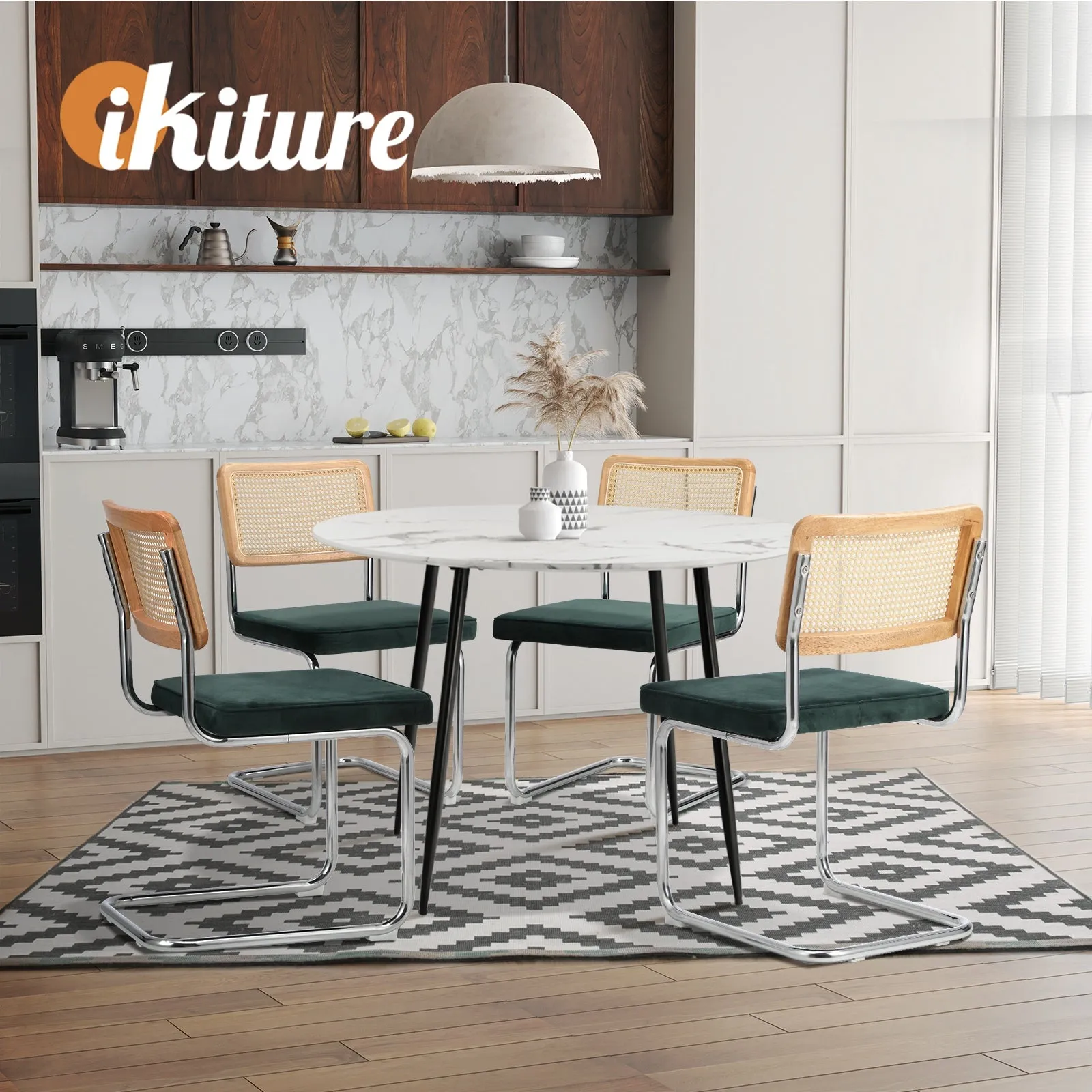 Oikiture 2x Rattan Dining Chair Cesca Replica Cantilever Velvet Padded Green