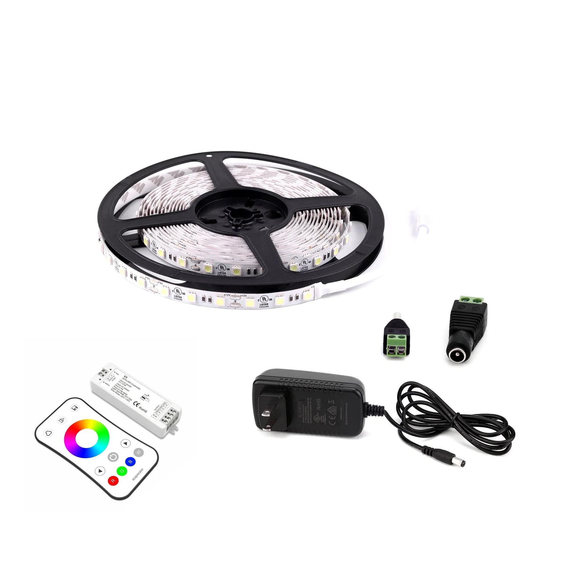 Outdoor Waterproof RGB LED Strip Lights, IP65 16.4ft Dimmable, 12V, SMD 5050 w/ DC Connector  Direct Plug-In LED Power Supply 36W/100-240V AC/12V/3A   RGB Controller