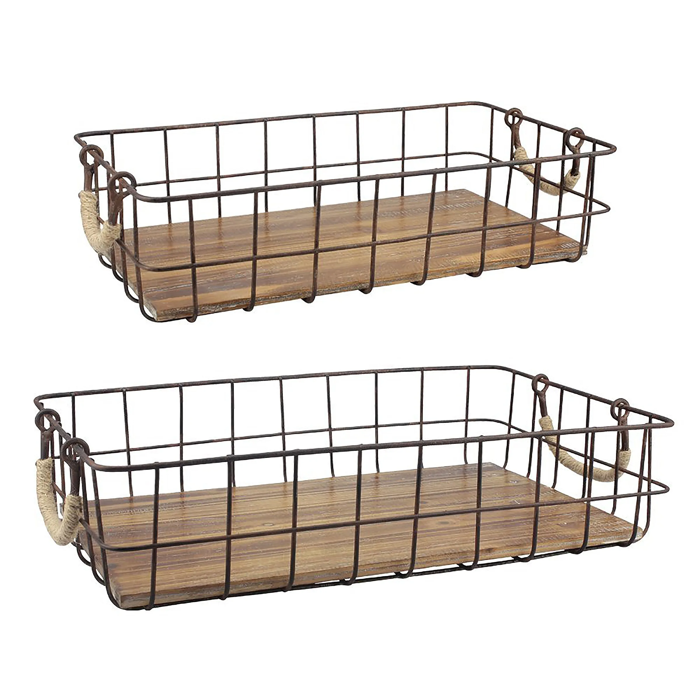 Rectangle Metal Wire and Wood Baskets (Set of 2) (WS)