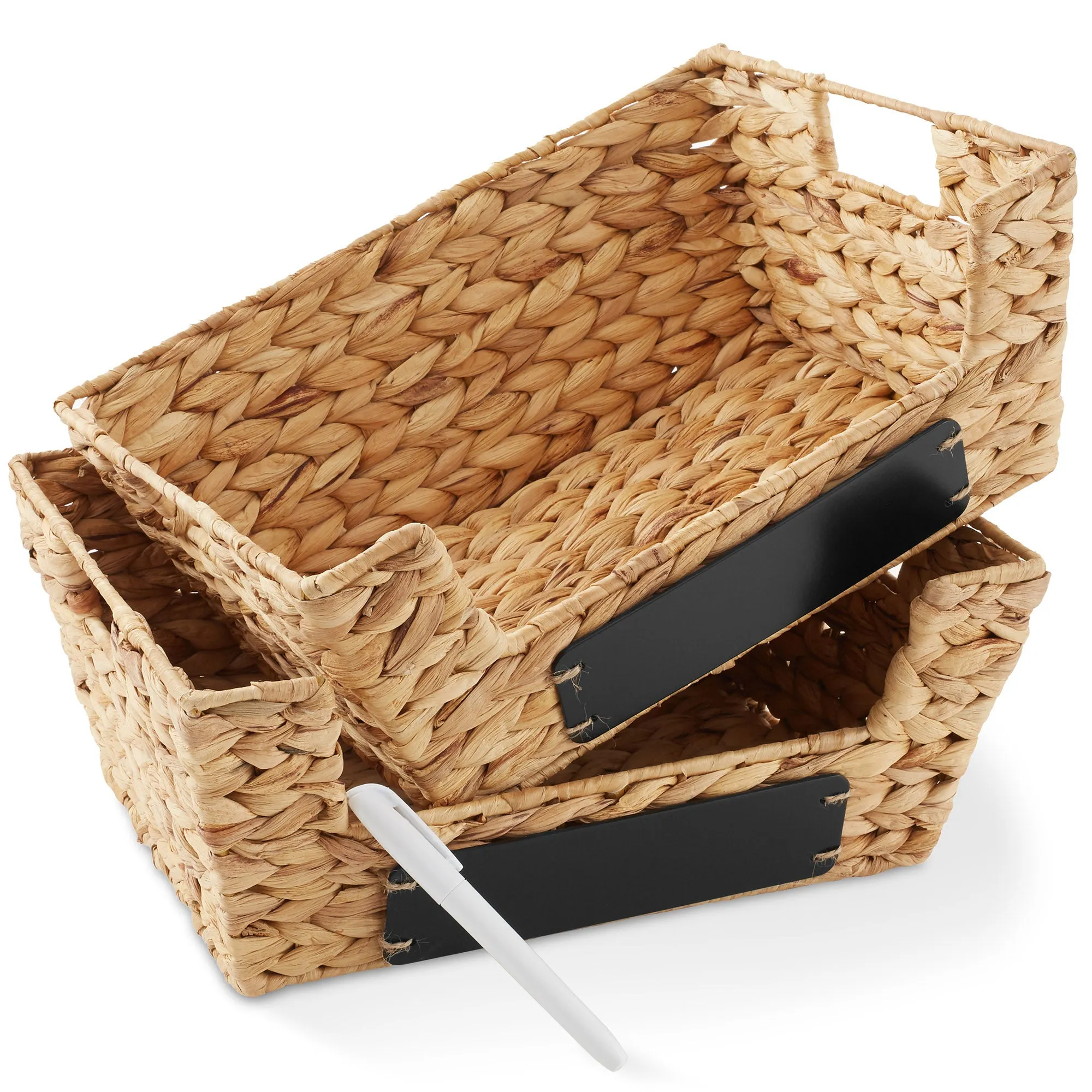 (Set of 2) Water Hyacinth Pantry Baskets with Handles and Chalkboard Labels