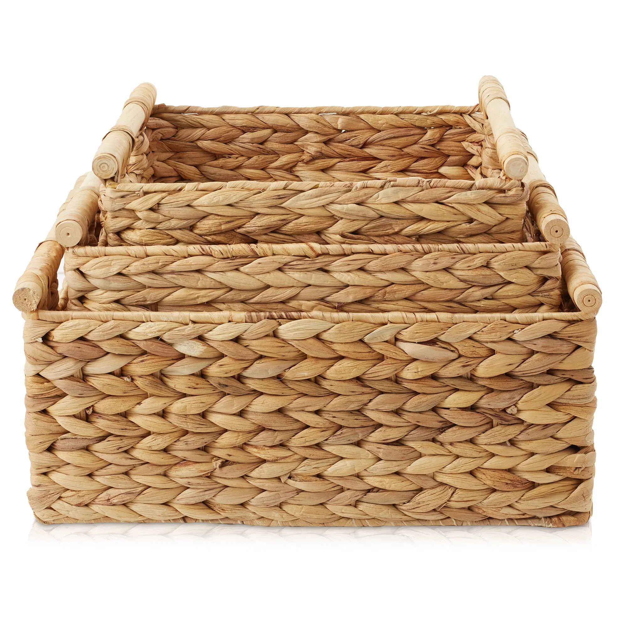 (Set of 3) Water Hyacinth Rectangular Storage Baskets with Wooden Handles