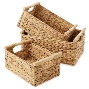 (Set of 3) Water Hyacinth Rectangular Storage Baskets with Wooden Handles