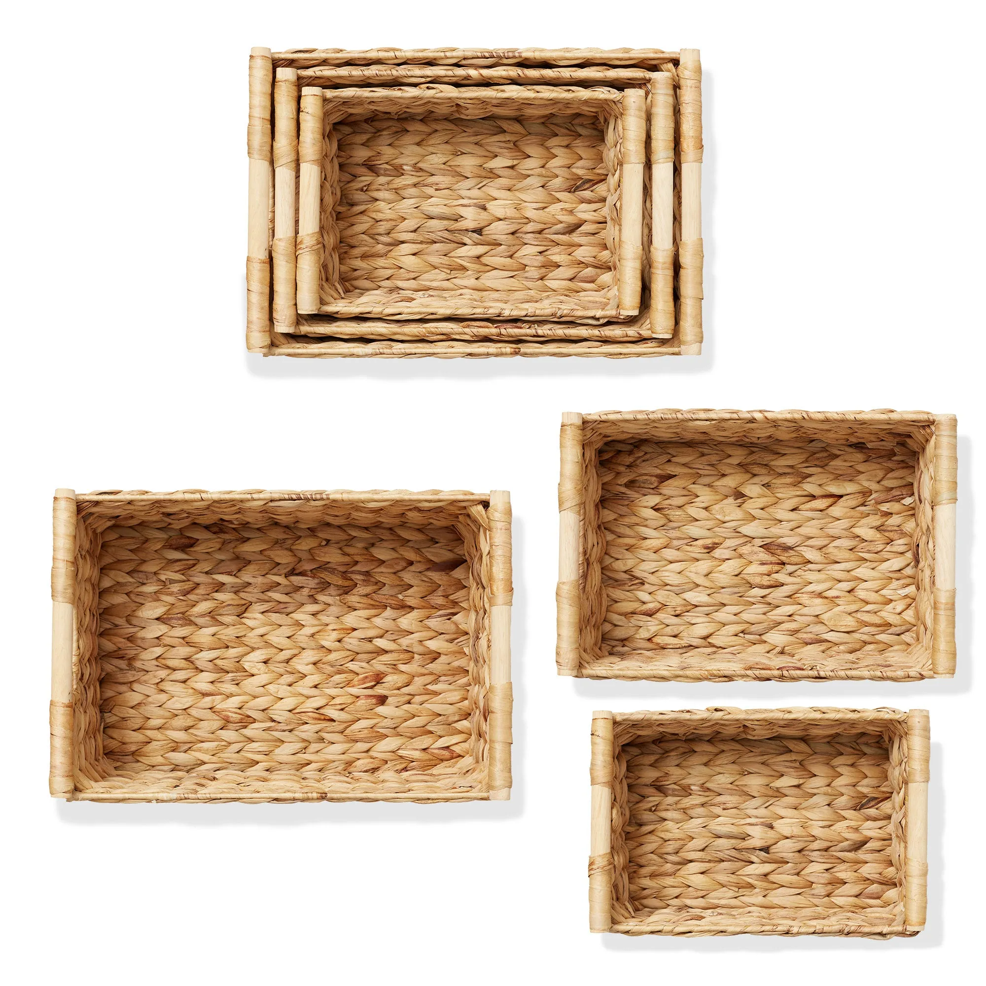 (Set of 3) Water Hyacinth Rectangular Storage Baskets with Wooden Handles