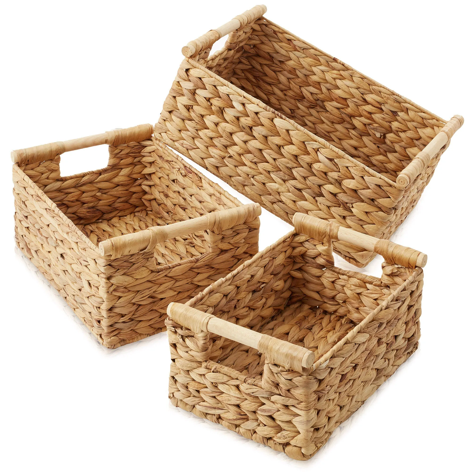 (Set of 3) Water Hyacinth Rectangular Storage Baskets with Wooden Handles