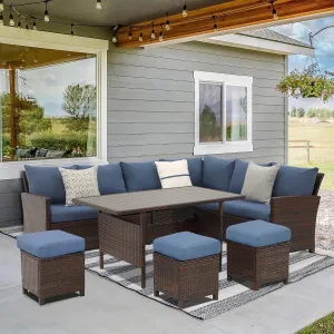 Superjoe Patio Furniture Conversation Set, 7 Piece High Curved Back All Weather Wicker Outdoor Dining Sectional Sofa with Dining Table and Chair, Blue patio conversation sets patio conversation sets patio conversation sets