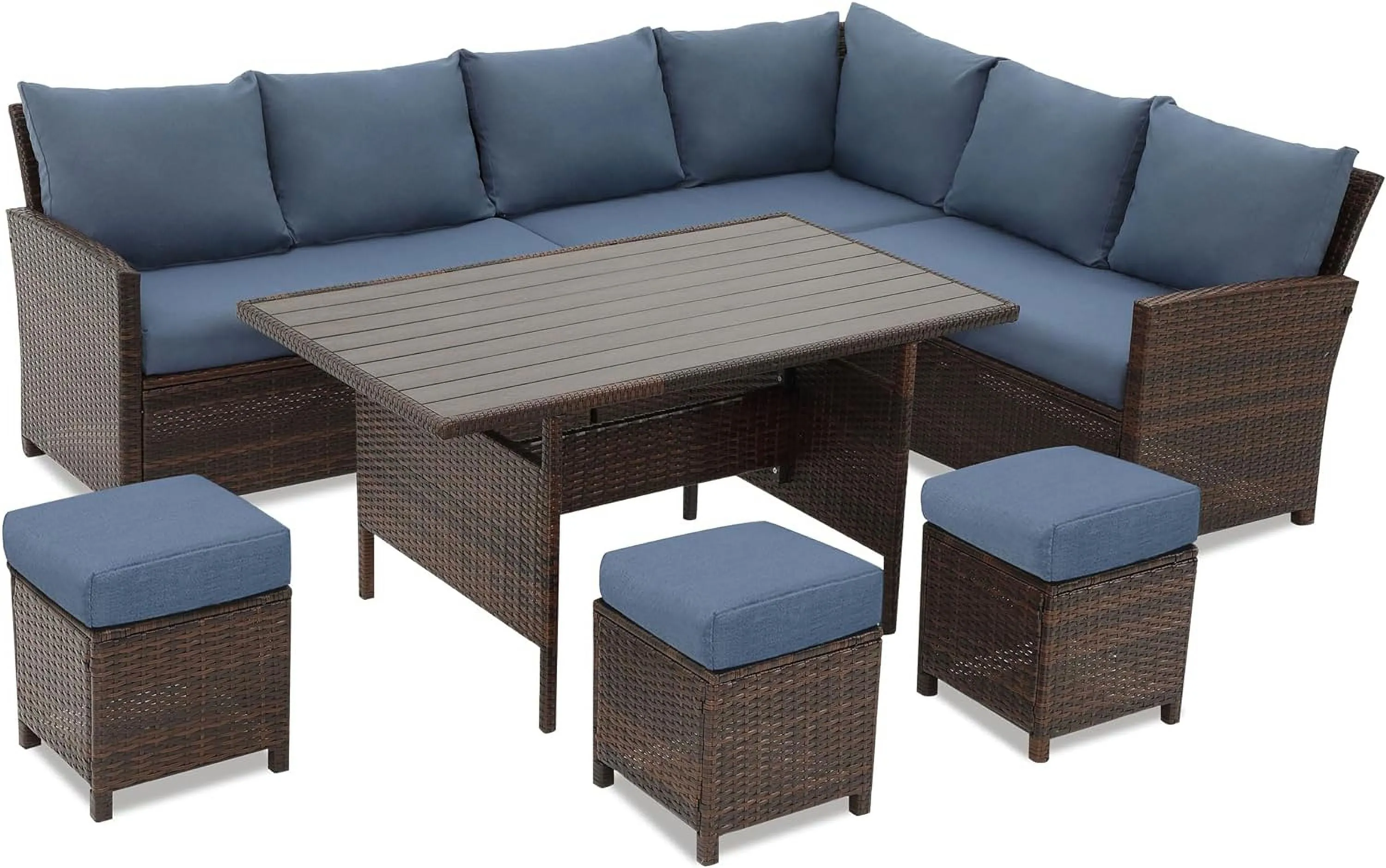 Superjoe Patio Furniture Conversation Set, 7 Piece High Curved Back All Weather Wicker Outdoor Dining Sectional Sofa with Dining Table and Chair, Blue patio conversation sets patio conversation sets patio conversation sets