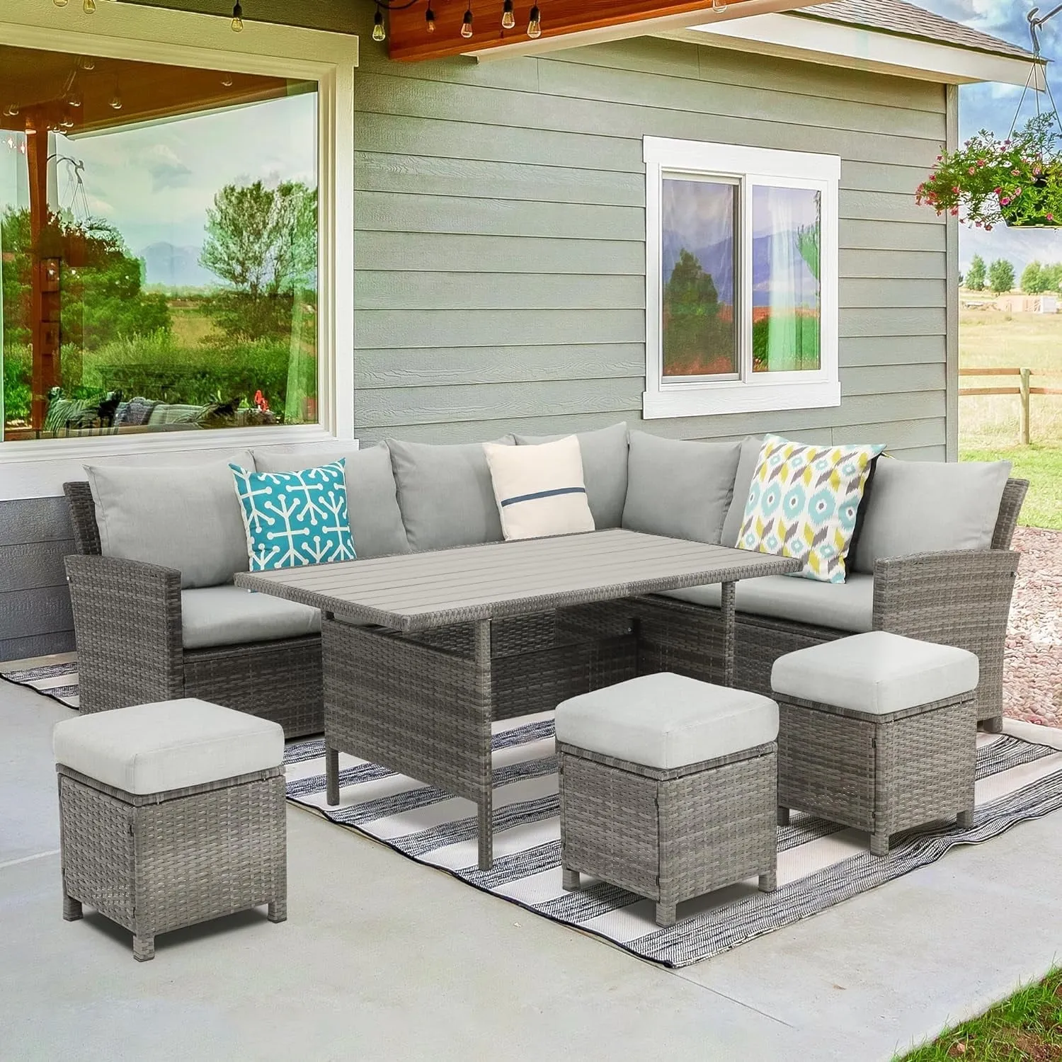 Superjoe Patio Furniture Conversation Set, 7 Piece High Curved Back All Weather Wicker Outdoor Dining Sectional Sofa with Dining Table and Chair, Blue patio conversation sets patio conversation sets patio conversation sets