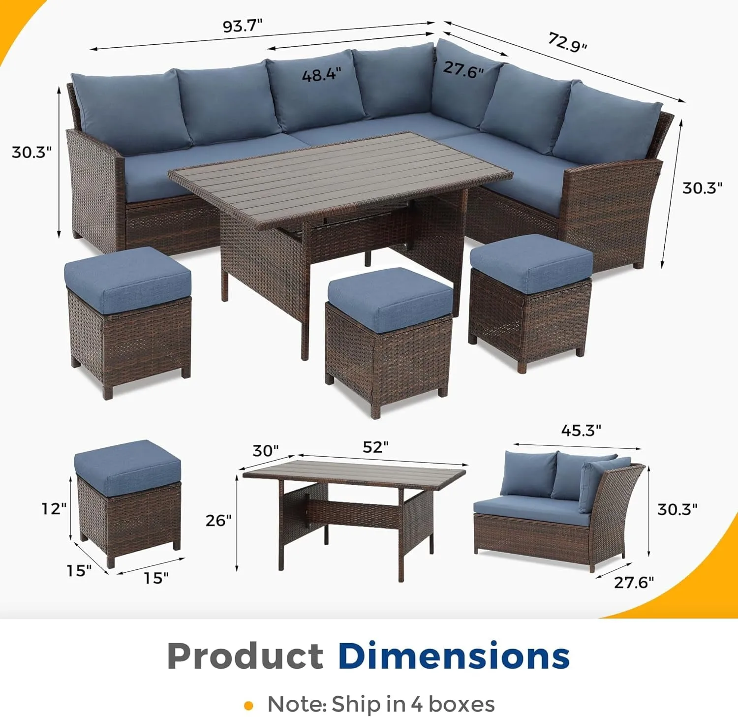 Superjoe Patio Furniture Conversation Set, 7 Piece High Curved Back All Weather Wicker Outdoor Dining Sectional Sofa with Dining Table and Chair, Blue patio conversation sets patio conversation sets patio conversation sets