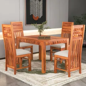 VINAYAK ART PLACE Solid Sheesham Wood Dining Table 4 Seater | Four Seater Dinning Table with 4 Cushioned Chairs for Home | Dining Room Sets for Restaurants | Rosewood, Honey Finish-D40