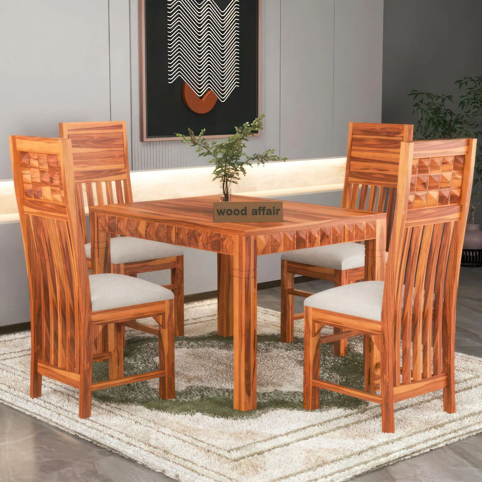 VINAYAK ART PLACE Solid Sheesham Wood Dining Table 4 Seater | Four Seater Dinning Table with 4 Cushioned Chairs for Home | Dining Room Sets for Restaurants | Rosewood, Honey Finish-D40