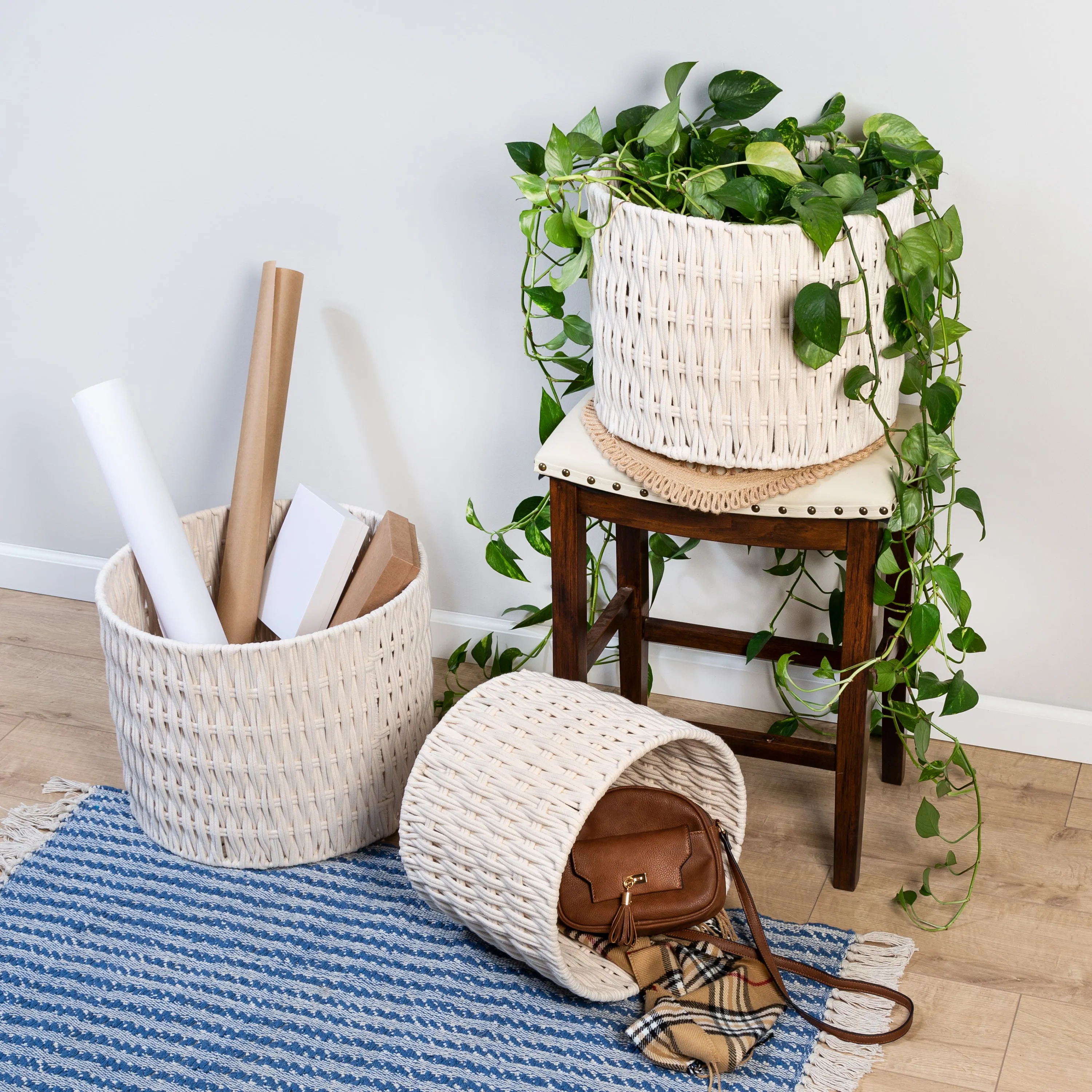 White Cotton Rope Round Nesting Baskets (Set of 3)