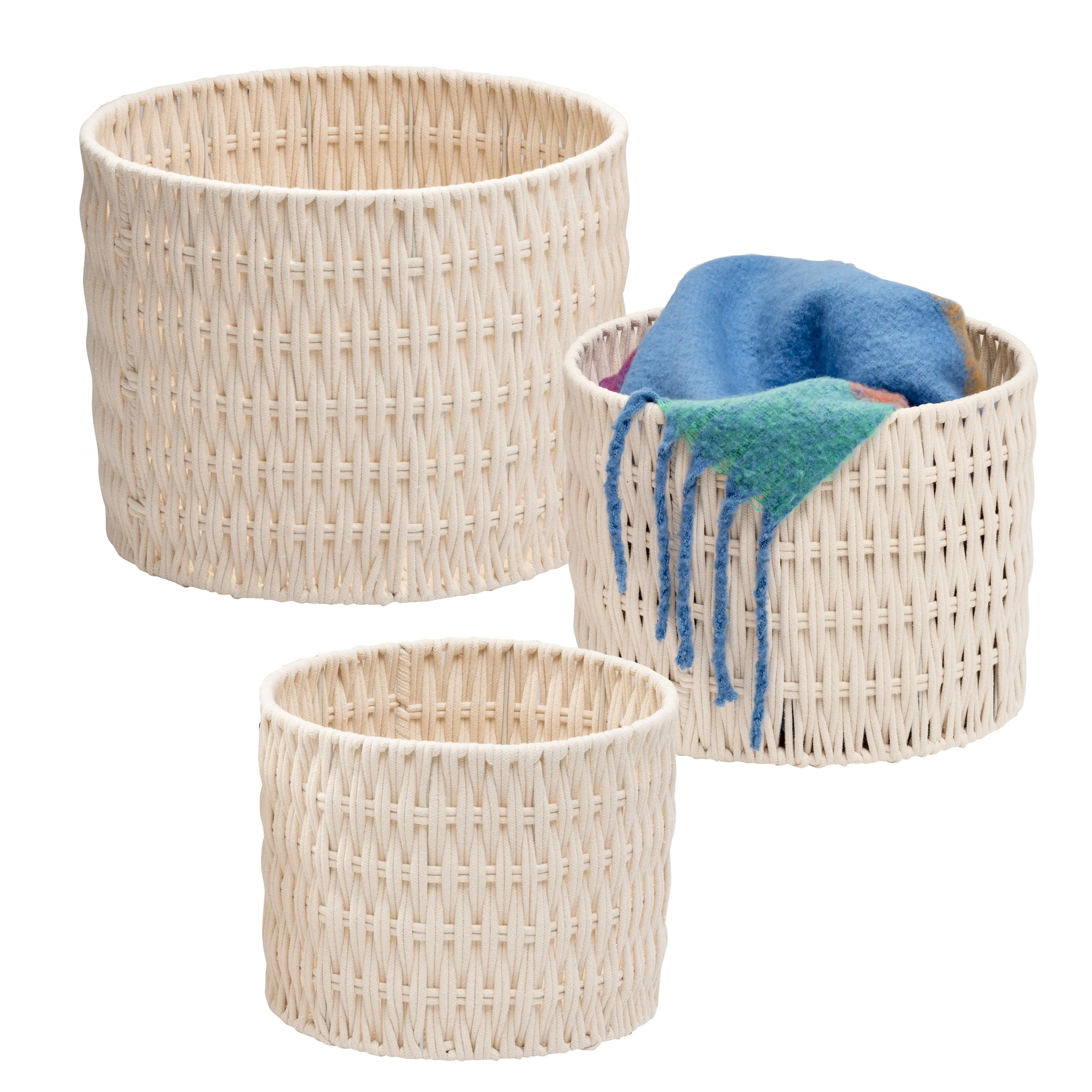 White Cotton Rope Round Nesting Baskets (Set of 3)