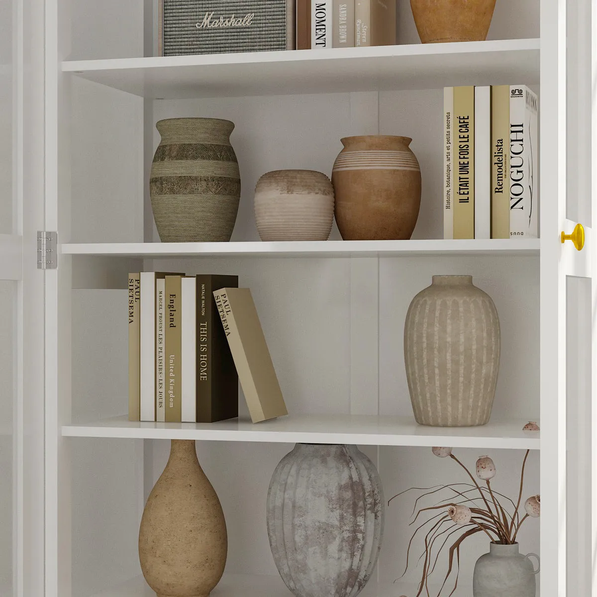 White Lacquer Bookcase Display Cupboard with 2 Glass Doors