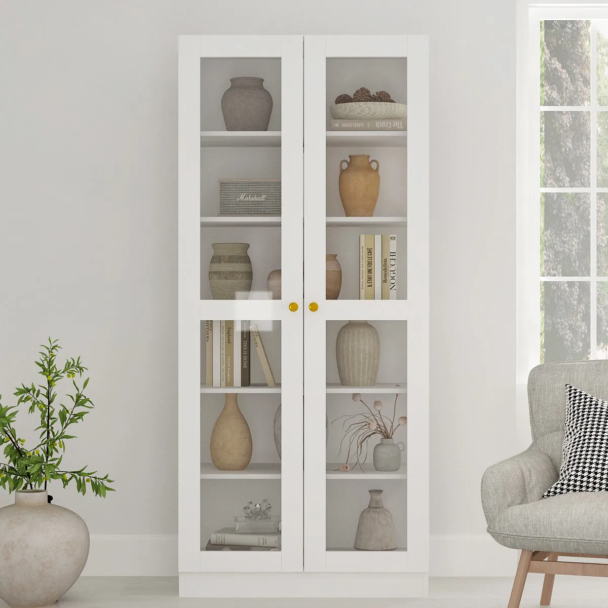 White Lacquer Bookcase Display Cupboard with 2 Glass Doors